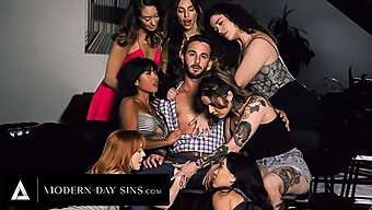 Ember Snow And Madi Collins Engage In A Reverse Gangbang With Their Fellow Sex Addicts